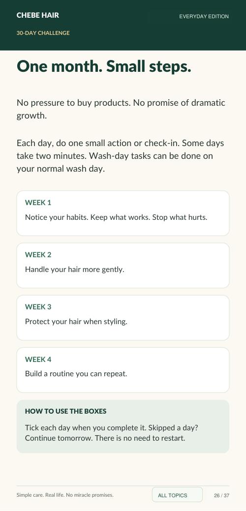 Actual page from the Chebe Hair toolkit: One month. Small steps.
